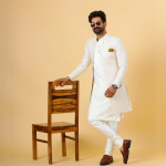 Alluring Thread Embroidered Off-White Open Sherwani for Men - Father Son Combo | Jaipurio